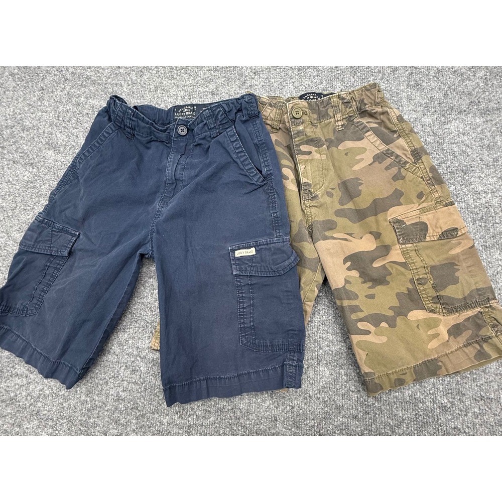 Lucky Brand Boys Cargo Shorts Set 2 Pairs Navy Blue Camo Size M 10/12 Adjustable